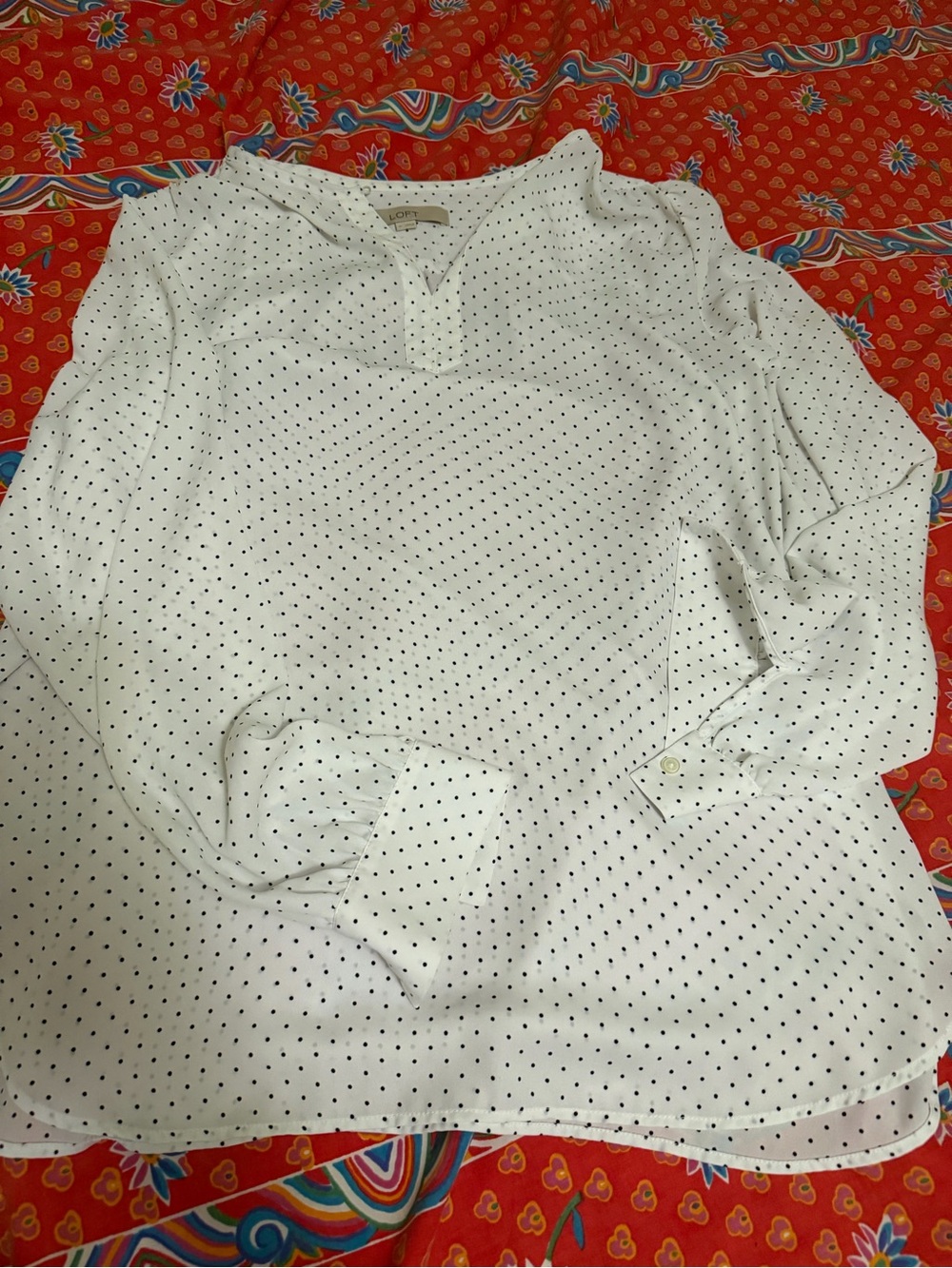LOFT White Blouse with Black Micro Dots